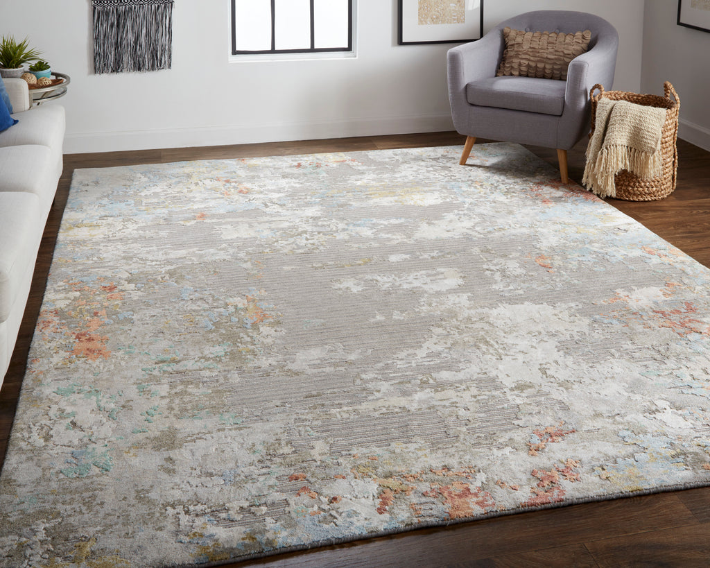 Gia Modern Abstract Gray Ivory Blue Area Rug (11'6" x 17'6")