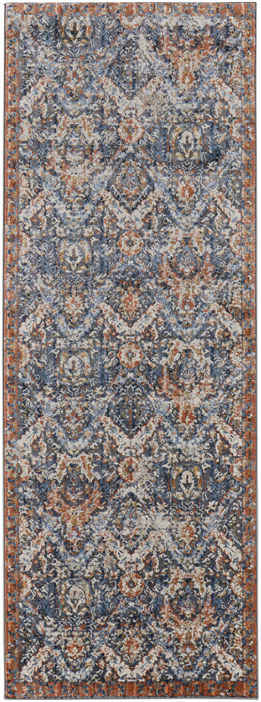 Kaia Transitional Floral Botanical Blue Orange Ivory Area Rug (2'6" x 8')