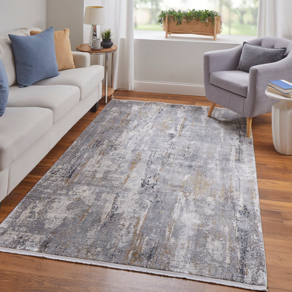 Cadiz Modern Abstract Ivory Gray Gold Area Rug (6'6" x 9'6")