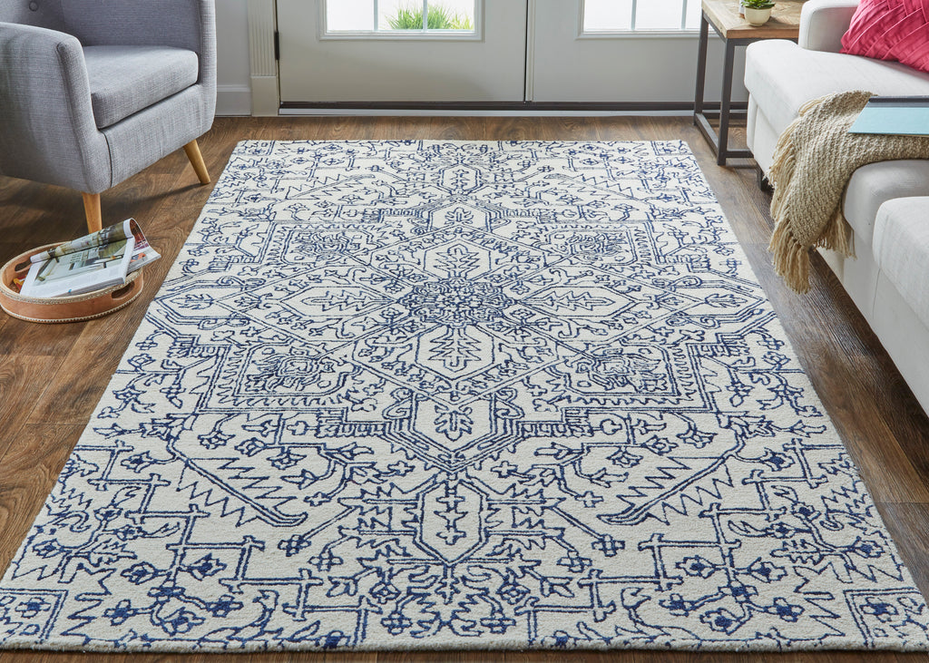 Belfort Transitional Medallion Ivory Blue Area Rug (9' x 12')