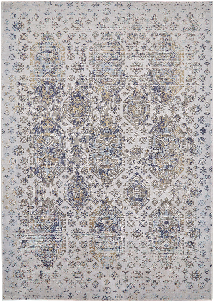 Marigold Transitional Medallion White Blue Gray Area Rug (6'7" x 9'6")