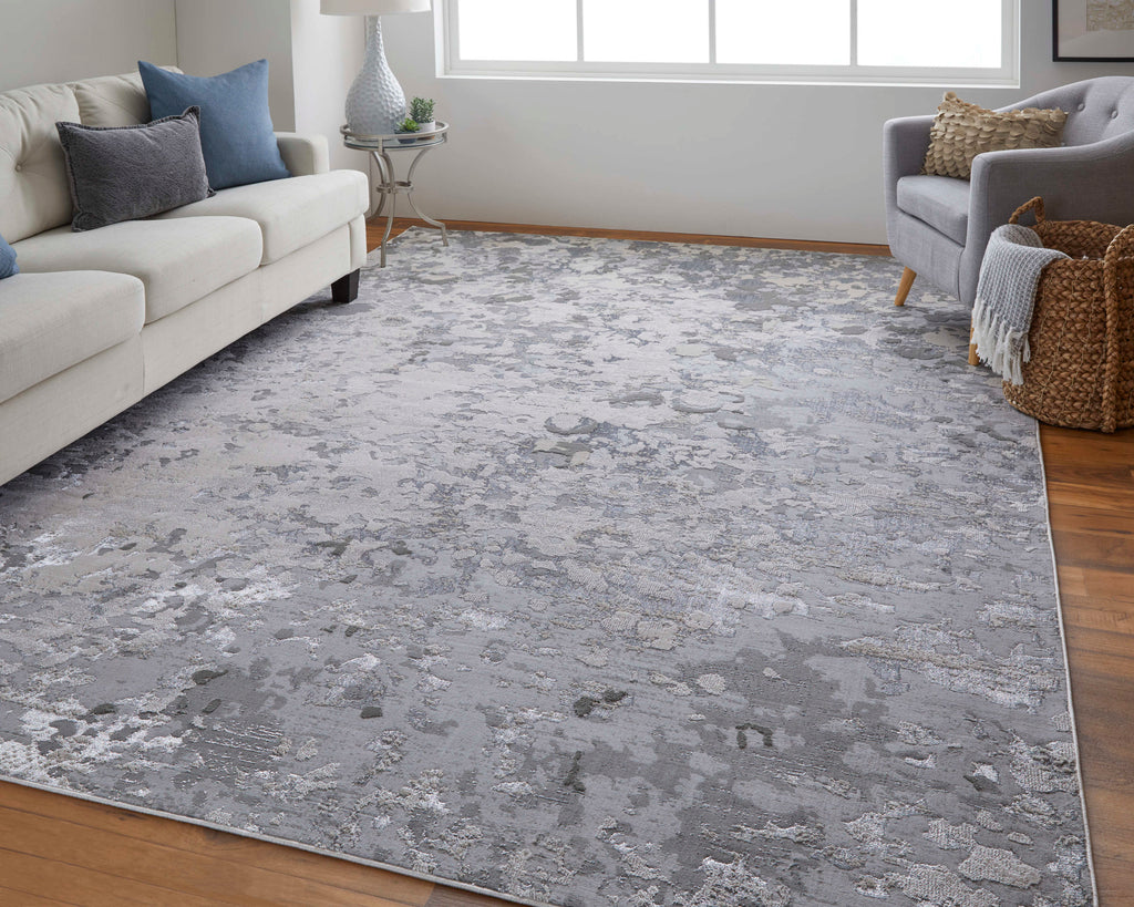 Micah Modern Abstract Silver Gray White Area Rug (6'7" x 9'6")