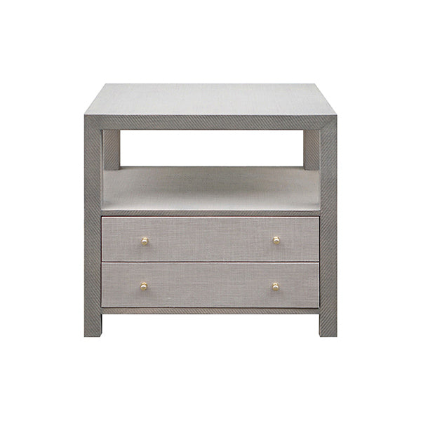 2 Door Side Table In Grey Grasscloth With Brass Hardware