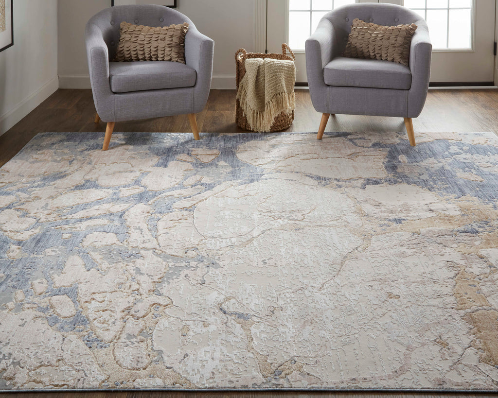 Laina Transitional Abstract Tan Blue Area Rug (3' x 5')