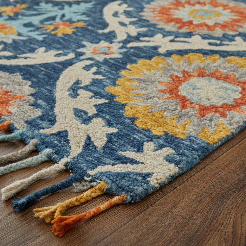 Abelia Transitional Floral Botanical Blue Yellow Orange Area Rug (5' x 8')