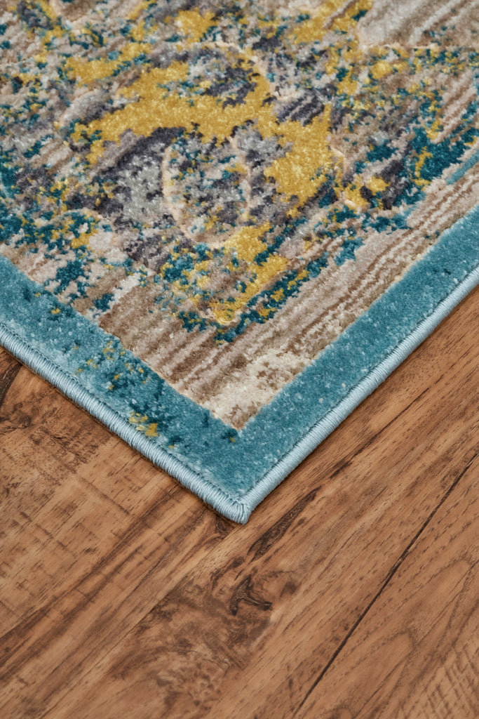 Keats Transitional Distressed Blue Yellow Taupe Area Rug (2'7" x 8')