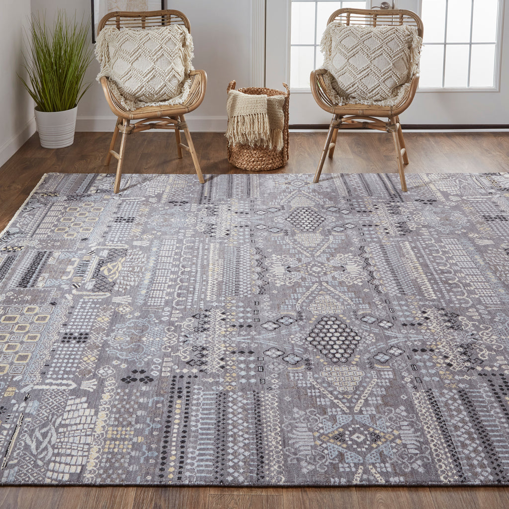 Harmon Transitional Geometric Gray Blue Yellow Area Rug (8'6" x 11'6")