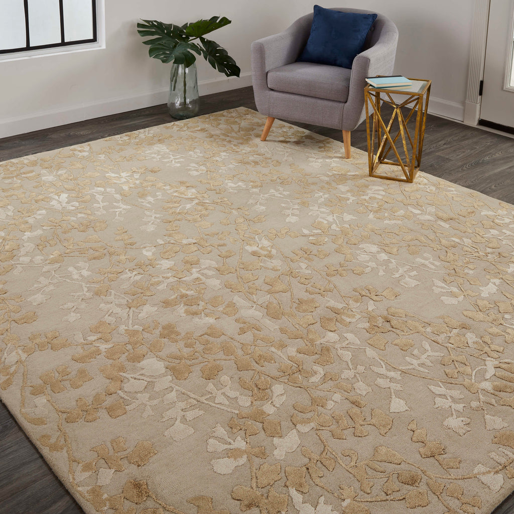 Bella Transitional Floral Botanical Ivory Tan Gold Area Rug (2' x 3')