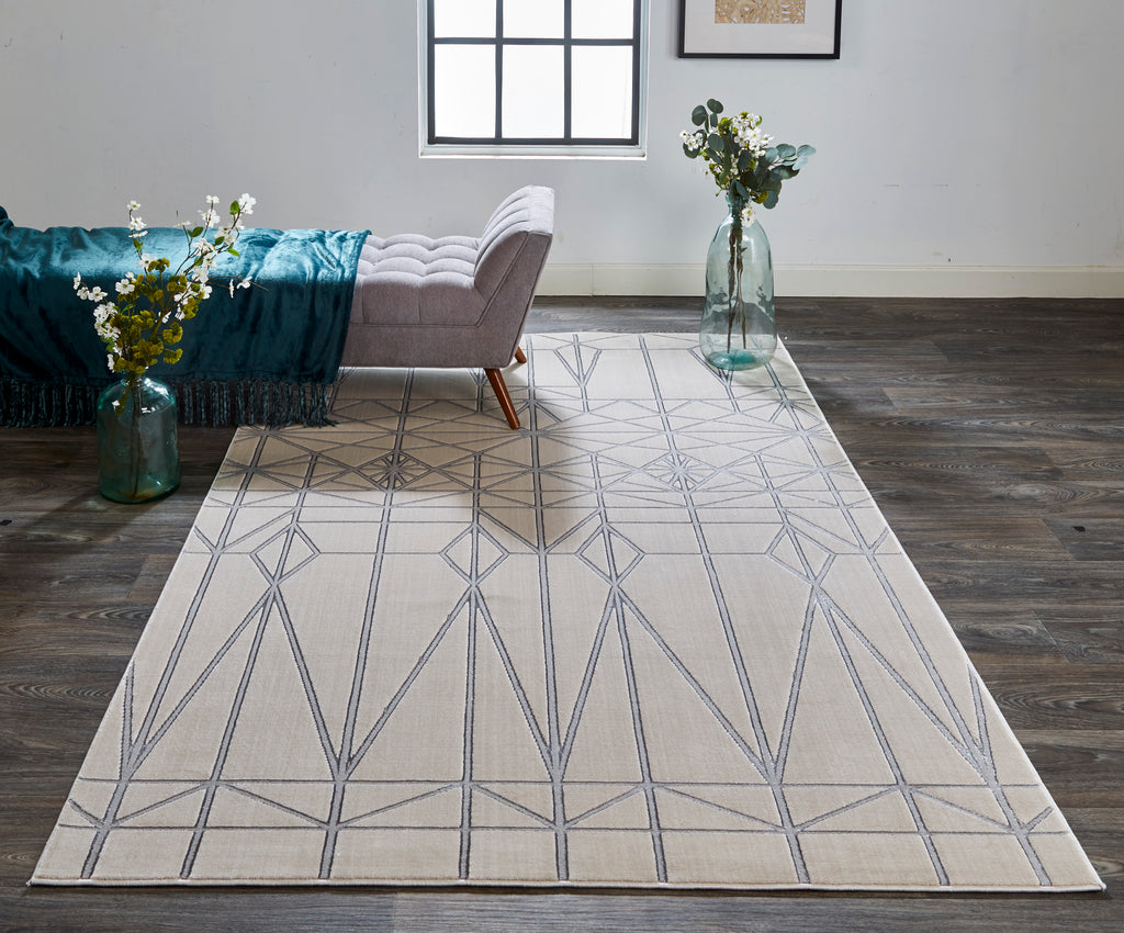 Micah Modern Geometric White Silver Gray Area Rug (8' x 10')