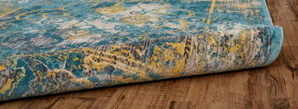 Keats Transitional Distressed Blue Yellow Taupe Area Rug (2'7" x 8')