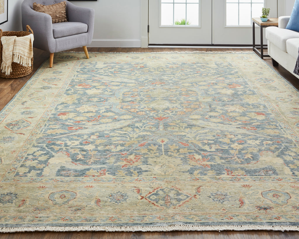 Marabel Traditional Medallion Ivory Gray Blue Area Rug (5'6" x 8'6")