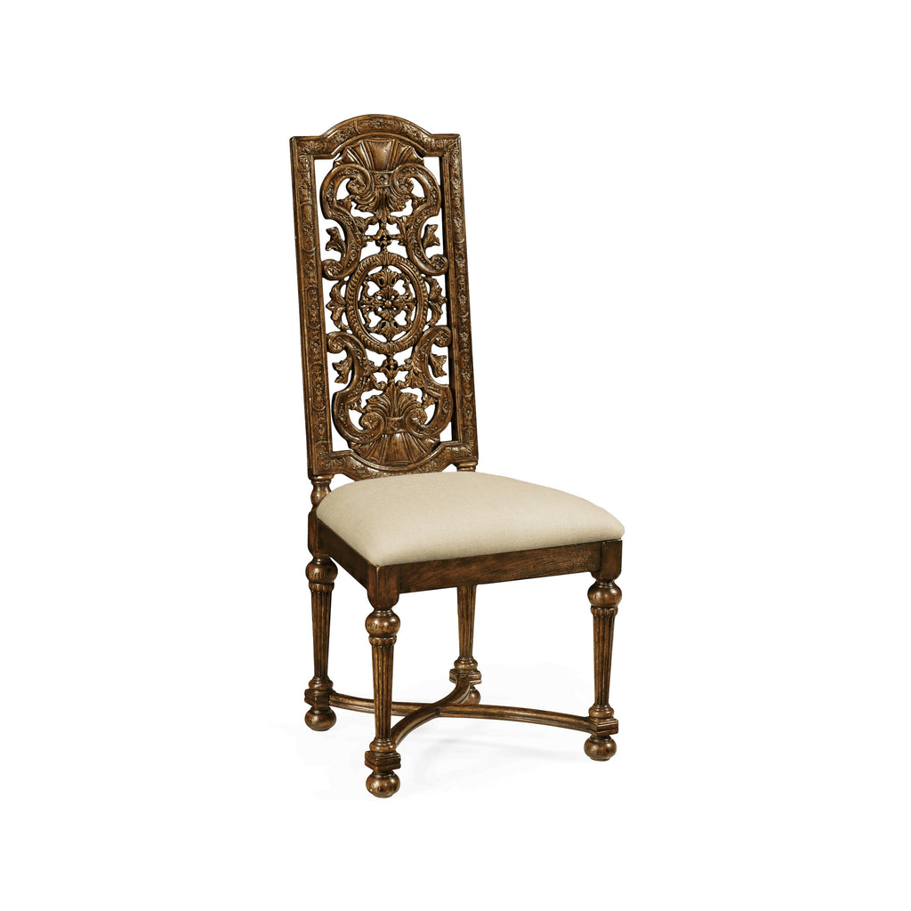 Country Farmhouse Jacobean Dark Oak Pierced Back Dining Side Chair