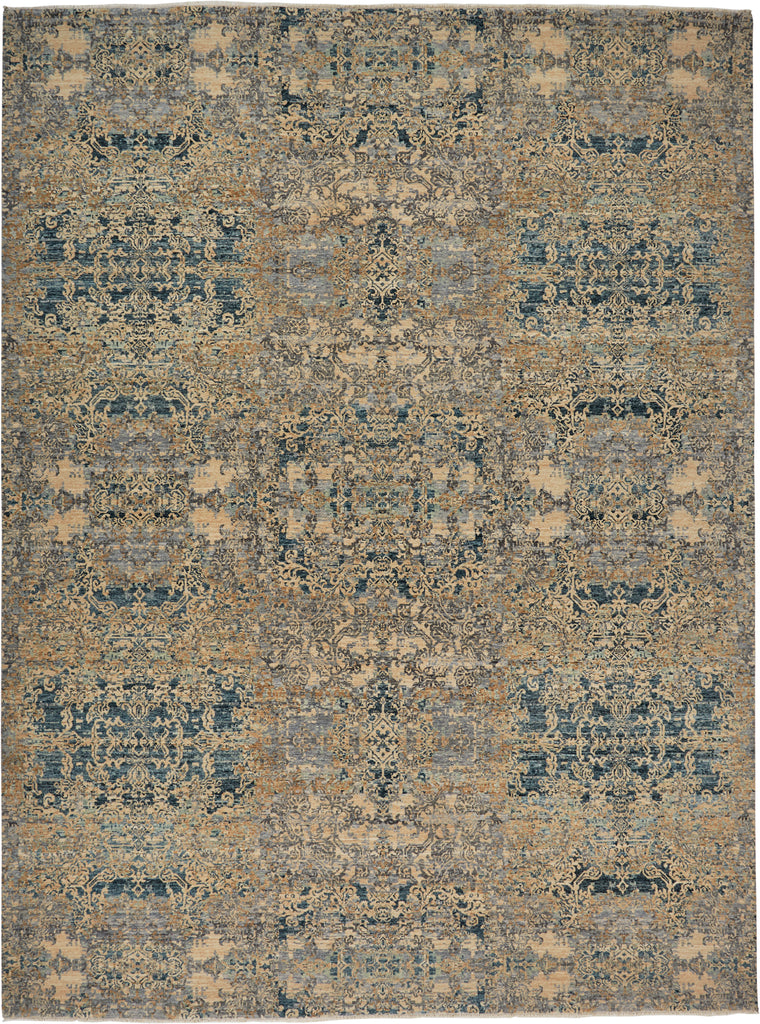 Elanor Transitional Damask Tan Ivory Blue Area Rug (9'6" x 13'6")