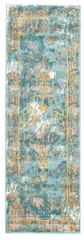 Keats Transitional Distressed Blue Yellow Taupe Area Rug (2'7" x 8')