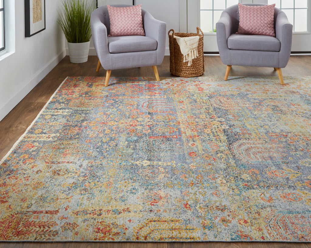 Siena Transitional Floral Botanical Blue Taupe Gold Area Rug (8'6" x 11'6")