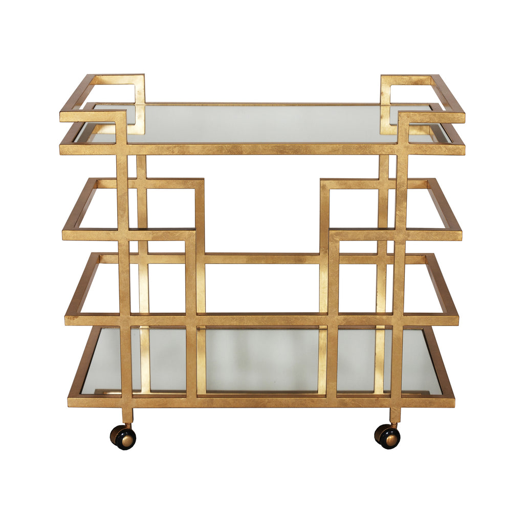 Gold Leaf Linear Bar Cart With Mirror Shelves