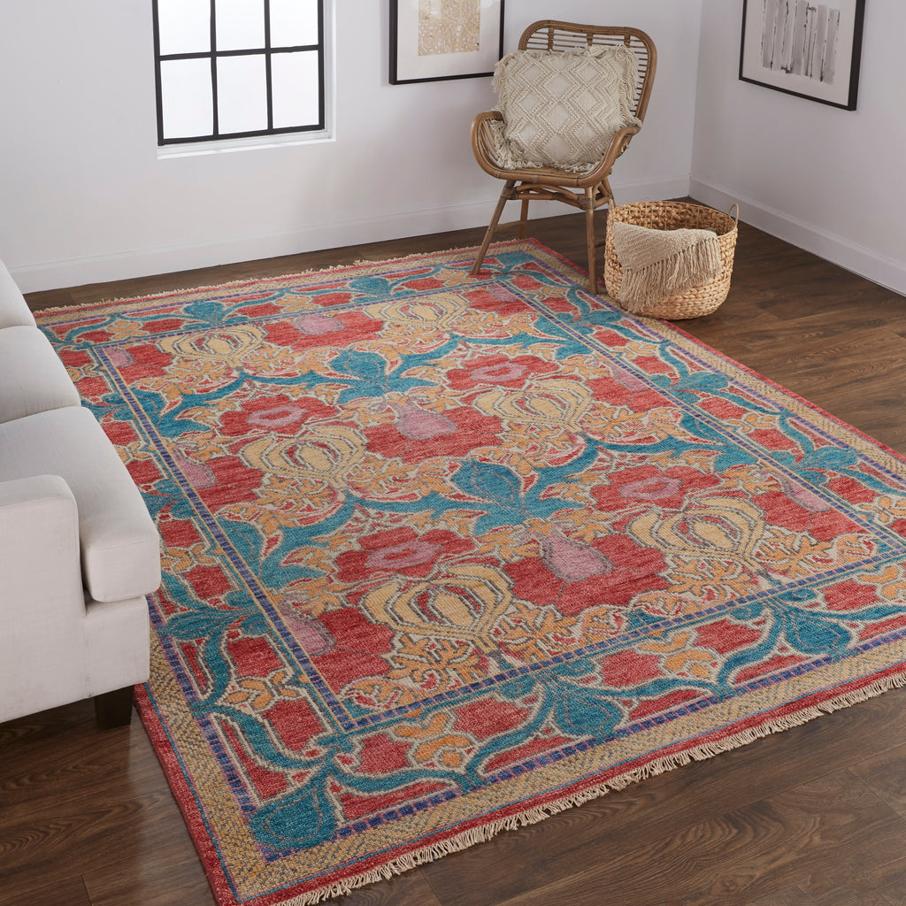 Beall Traditional Oriental Blue Red Yellow Area Rug (9'6" x 13'6")