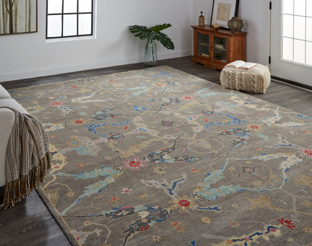 Bhatia Traditional Floral Botanical Gray Blue Red Area Rug (11'6" x 15')