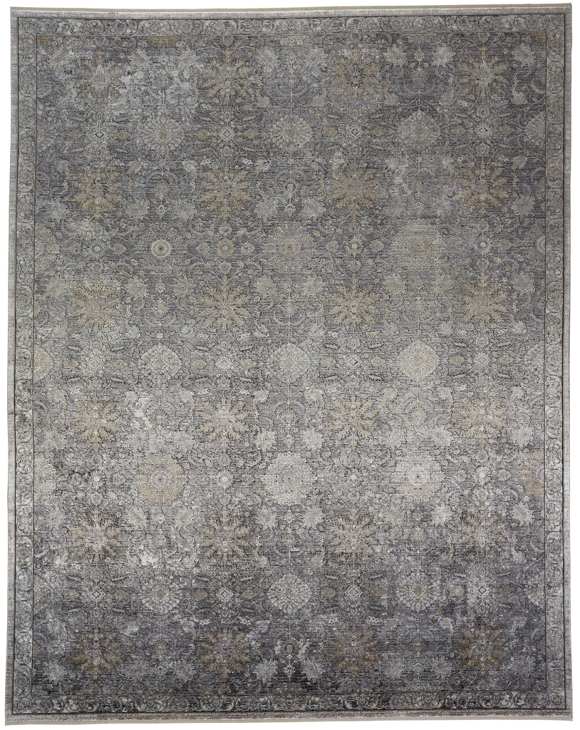 Sarrant Transitional Damask Gray Silver Tan Area Rug (7'10" x 9'10")