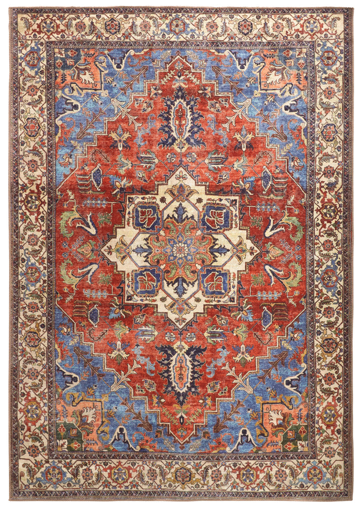 Percy Transitional Medallion Blue Red Ivory Area Rug (5'3" x 7'6")