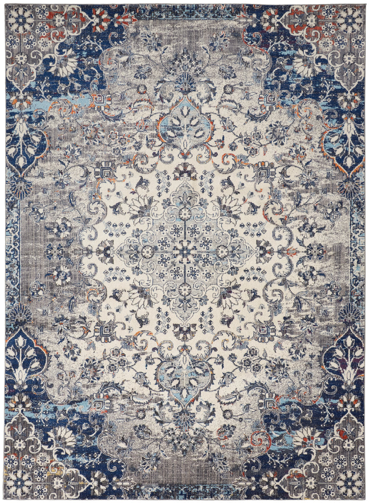 Bellini Transitional Medallion Ivory Gray Blue Area Rug (6'7" x 9'6")