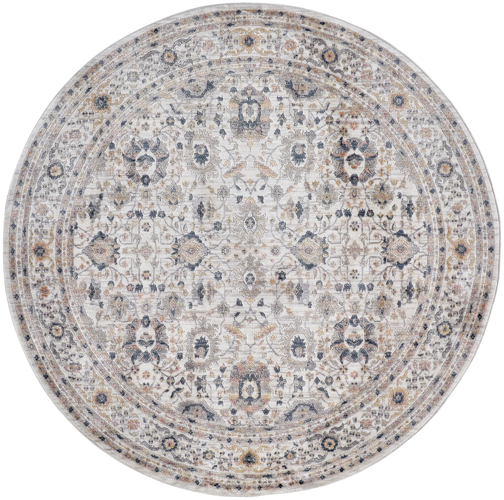 Kyra Transitional Damask Tan Ivory Blue Area Rug (5'6" x 5'6")