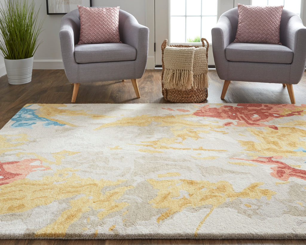 Everley Modern Abstract Ivory Yellow Blue Area Rug (4' x 6')