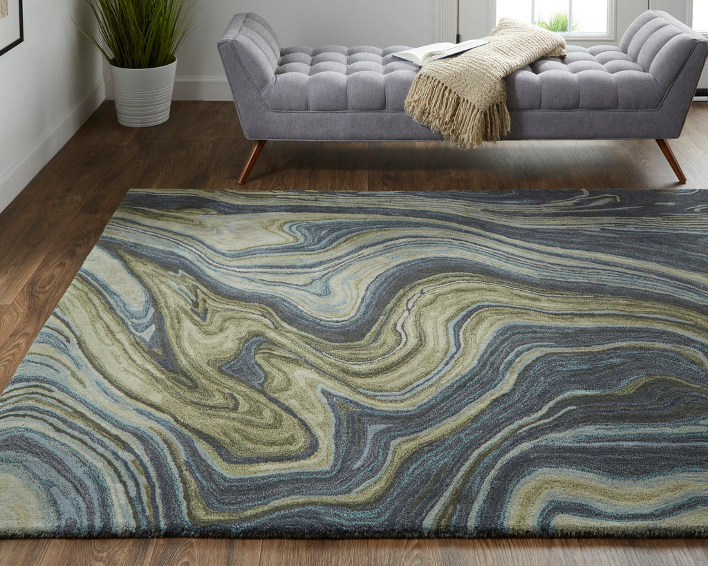 Amira Transitional Abstract Blue Ivory Green Area Rug (5' x 8')