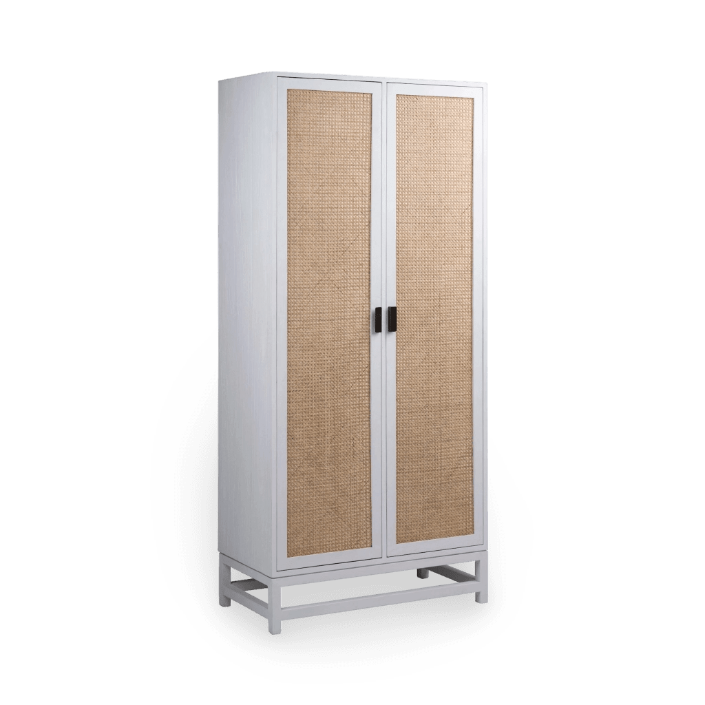 Khloe 78" Tall Exotic Wood and Rattan 2-Door Cabinet in White