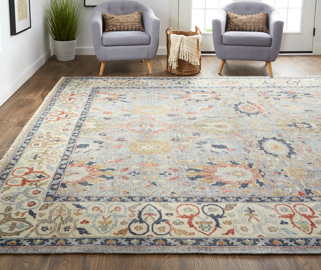 Marabel Traditional Damask Gray Ivory Blue Area Rug (2' x 3')