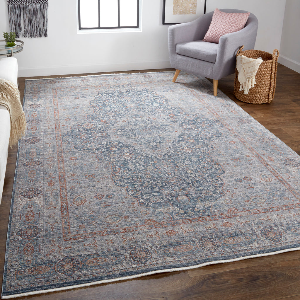 Marquette Transitional Medallion Gray Blue Red Area Rug (9'6" x 12'7")