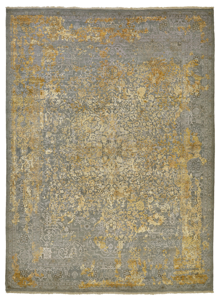 Doshi Transitional Damask Gray Gold Ivory Area Rug (7'9" x 9'9")