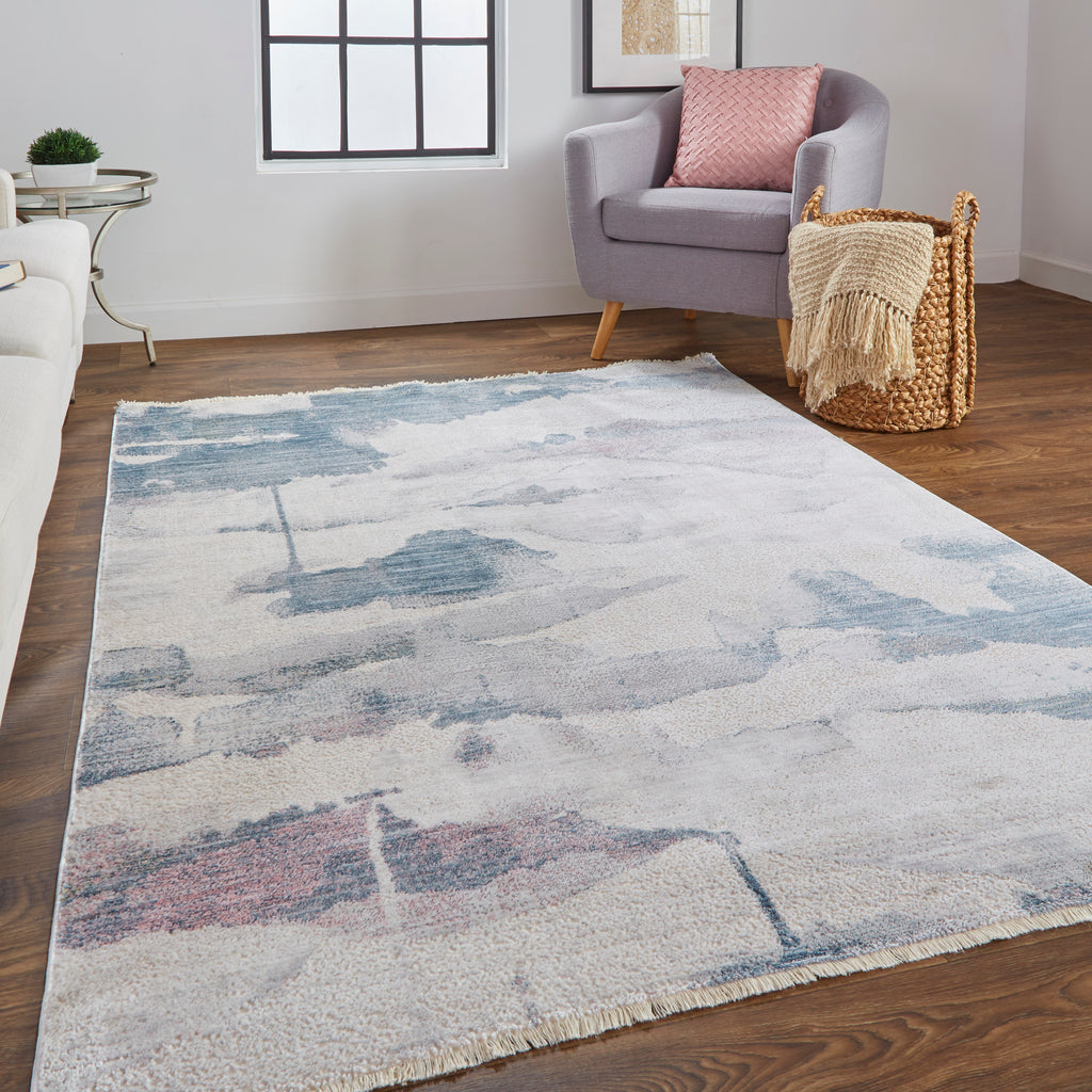 Kyra Transitional Abstract Ivory Blue Pink Area Rug (9' x 12'7")