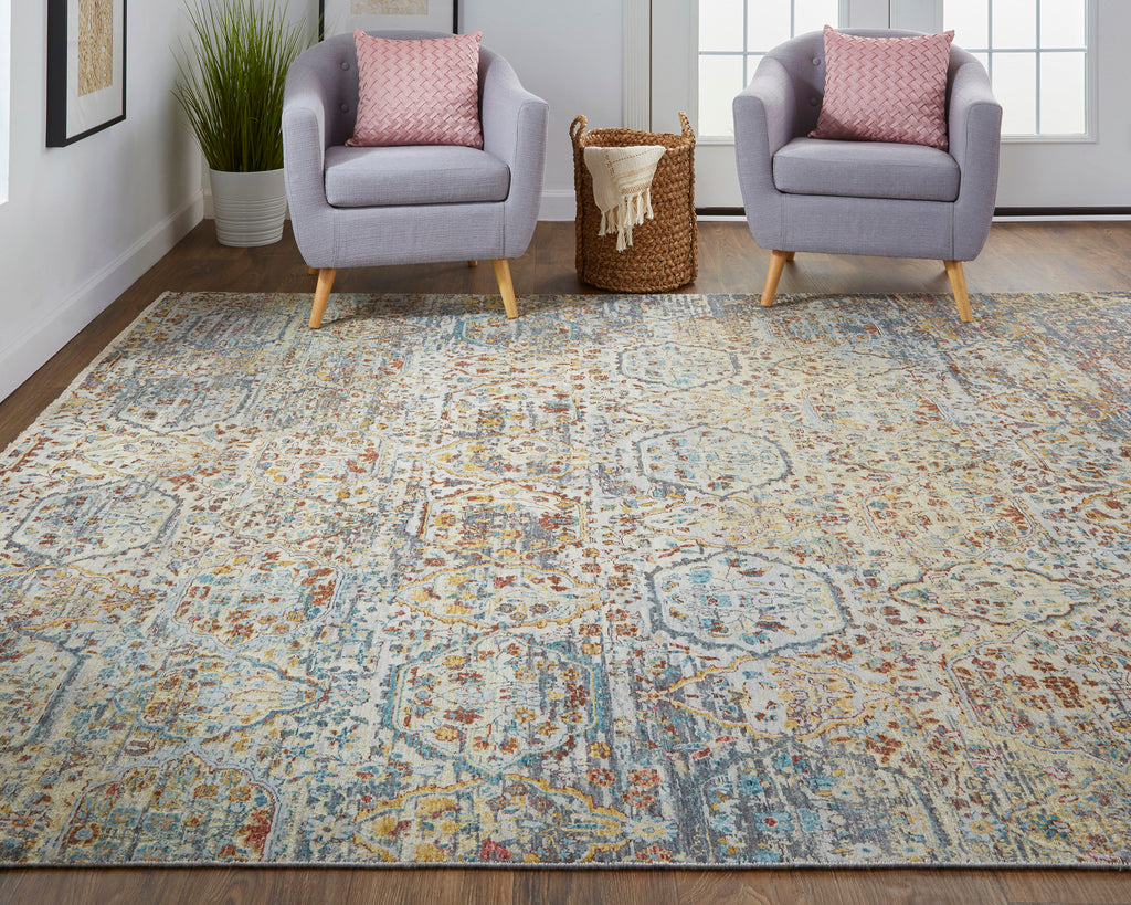 Siena Transitional Distressed Ivory Tan Blue Area Rug (9'6" x 13'6")