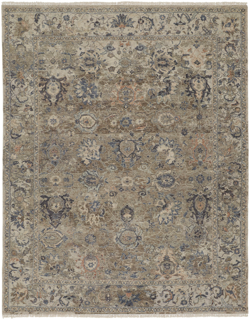 Marabel Traditional Damask Taupe Ivory Blue Area Rug (5'6" x 8'6")