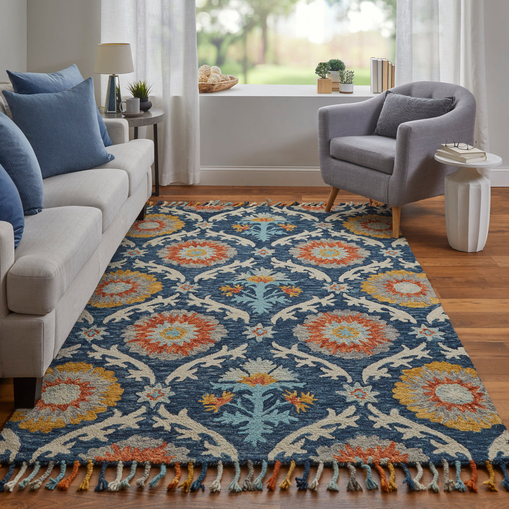 Abelia Transitional Floral Botanical Blue Yellow Orange Area Rug (5' x 8')