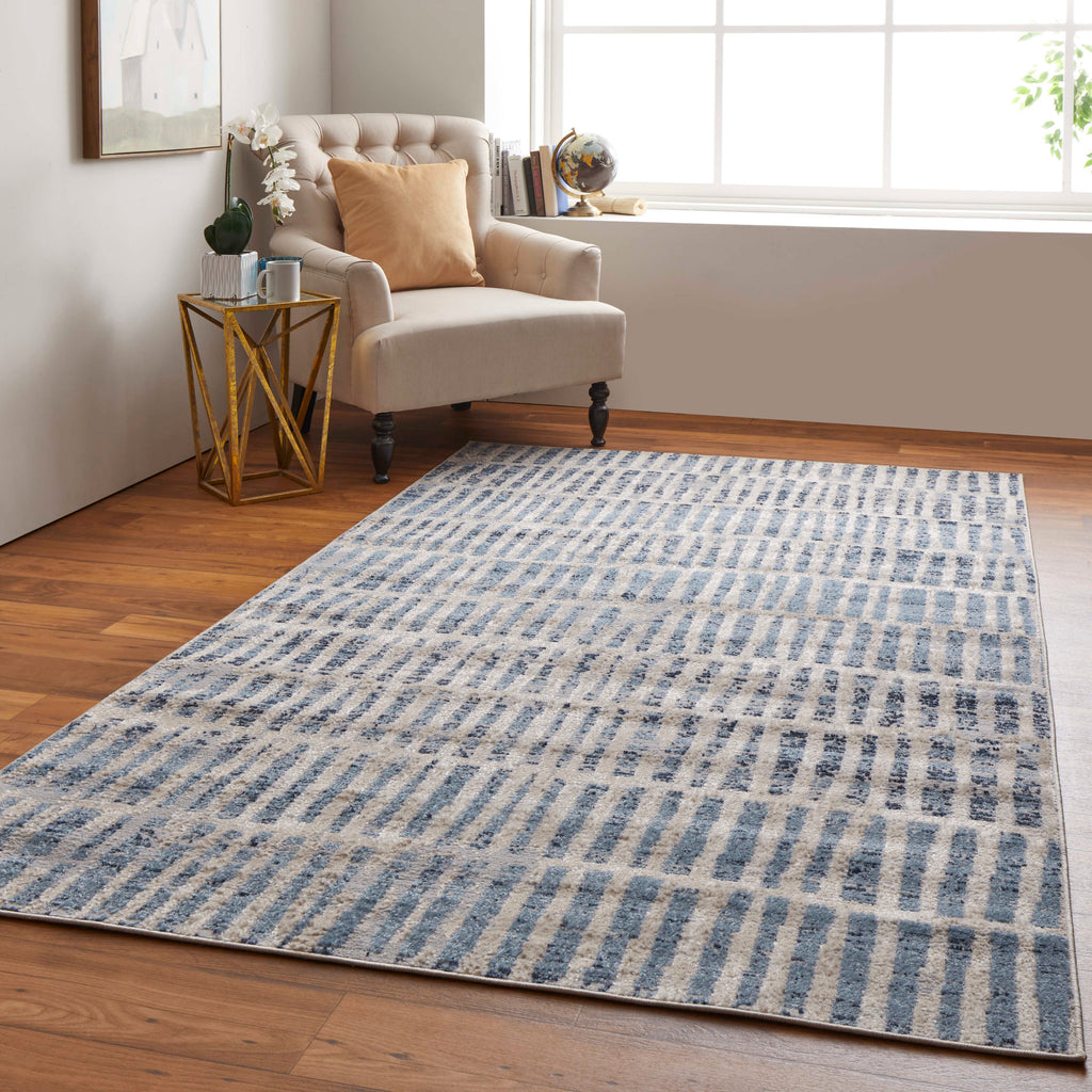 Camellia Transitional Geometric Blue Ivory Area Rug (8' x 10' / Pattern 1)