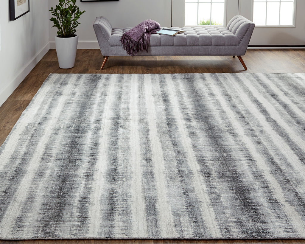 Mackay Transitional Stripes Gray Ivory Black Area Rug (9' x 12')