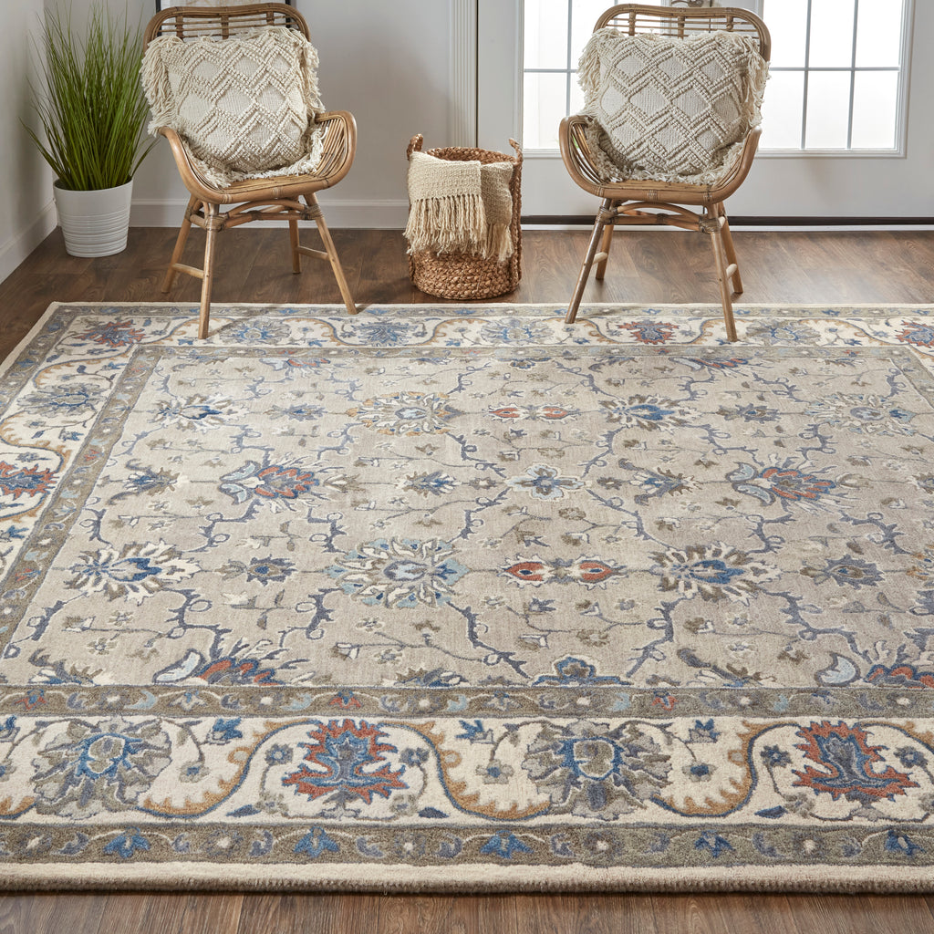 Rylan Transitional Oriental Taupe Ivory Blue Area Rug (5' x 8')