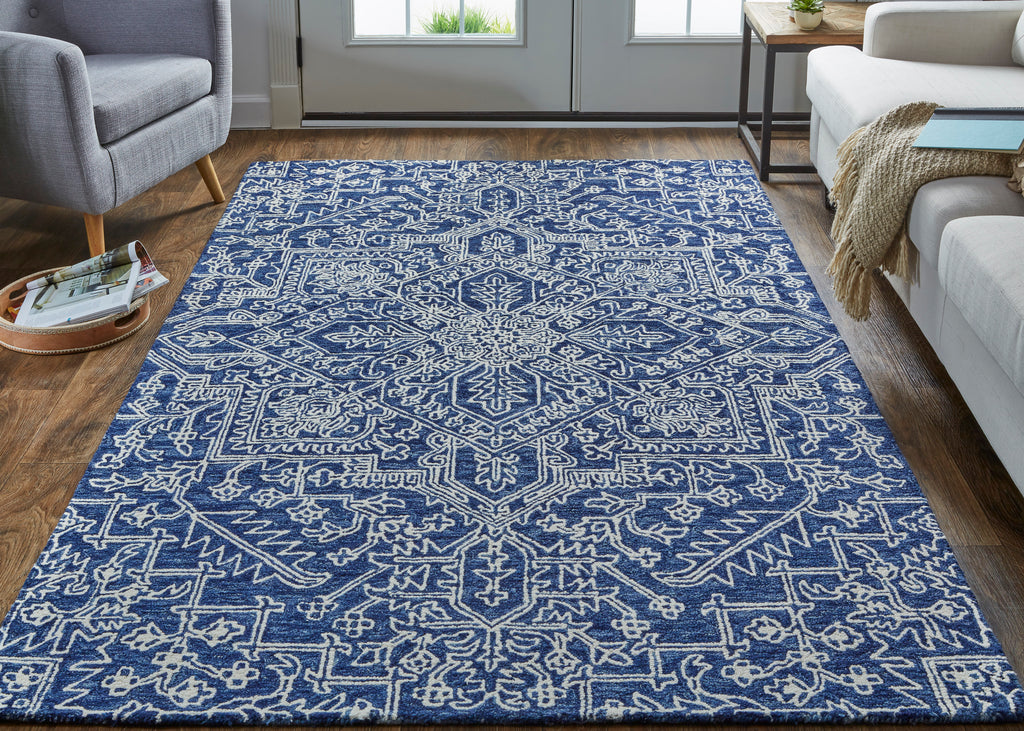 Belfort Transitional Medallion Blue Ivory Area Rug (2' x 3' / Pattern 1)