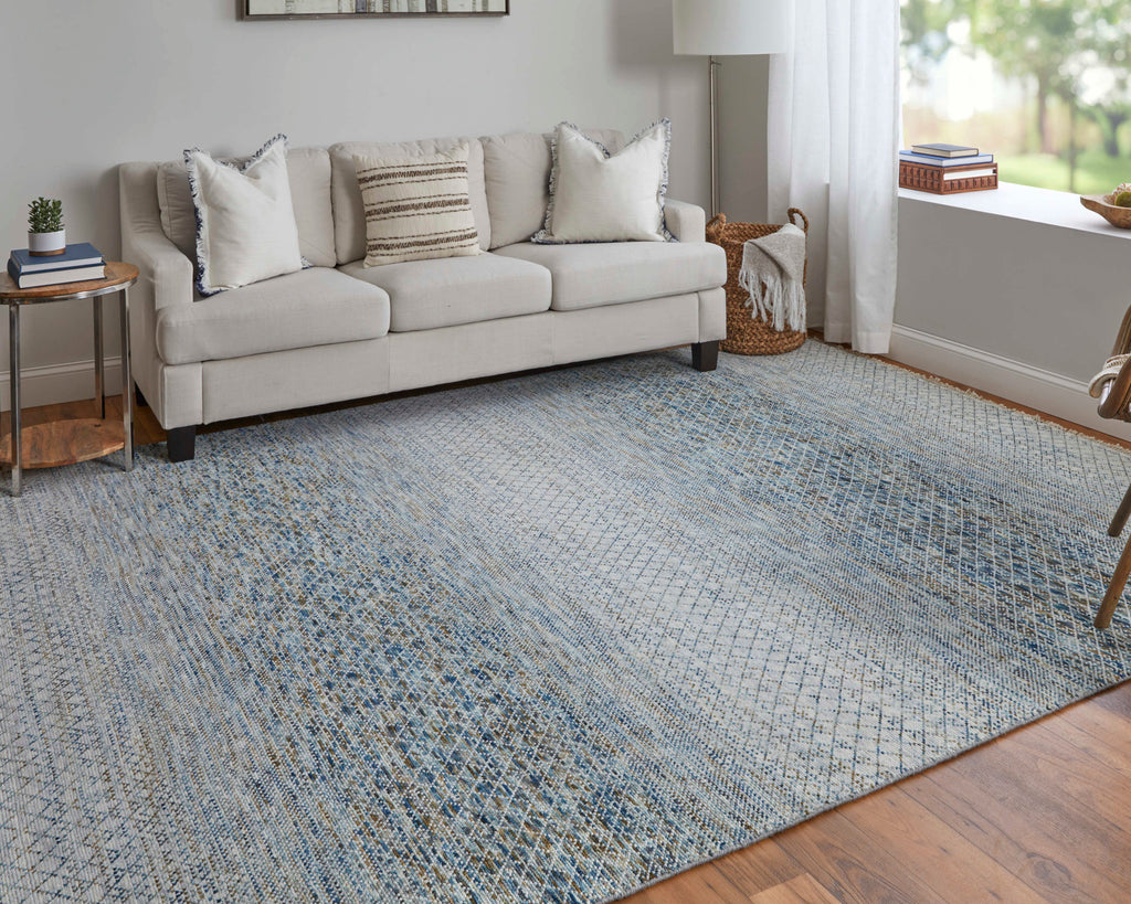 Branson Transitional Solid Blue Ivory Brown Area Rug (8'6" x 11'6")