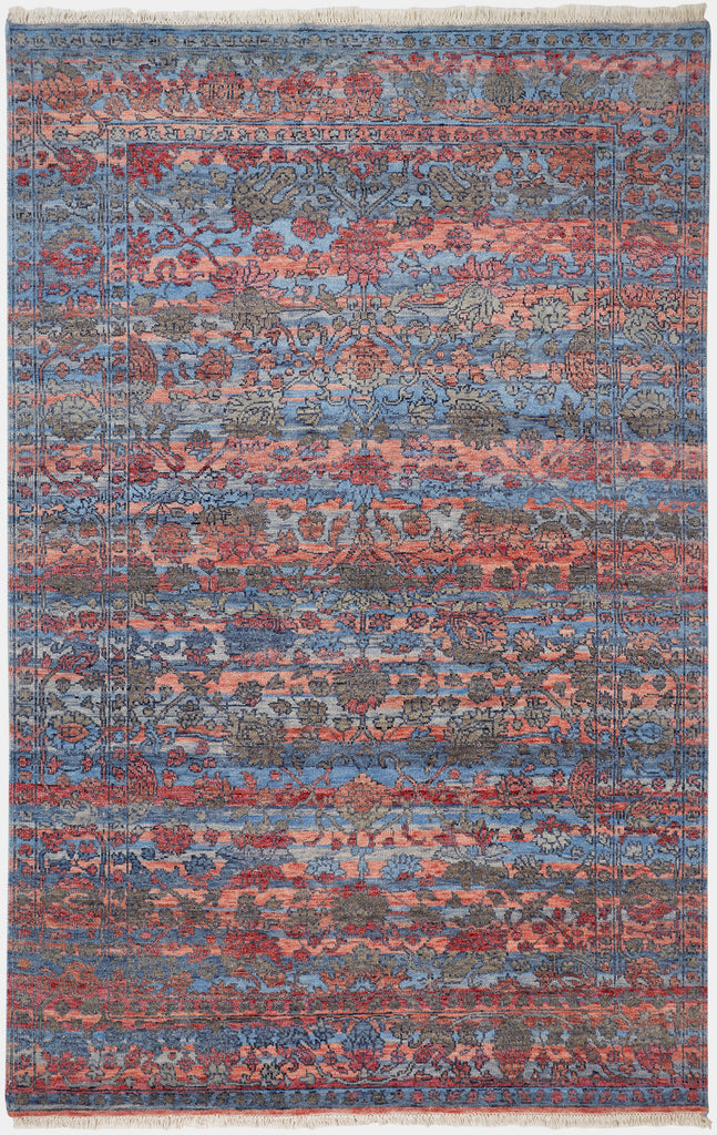 Mariell Transitional Damask Blue Red Gray Area Rug (5'6" x 8'6")