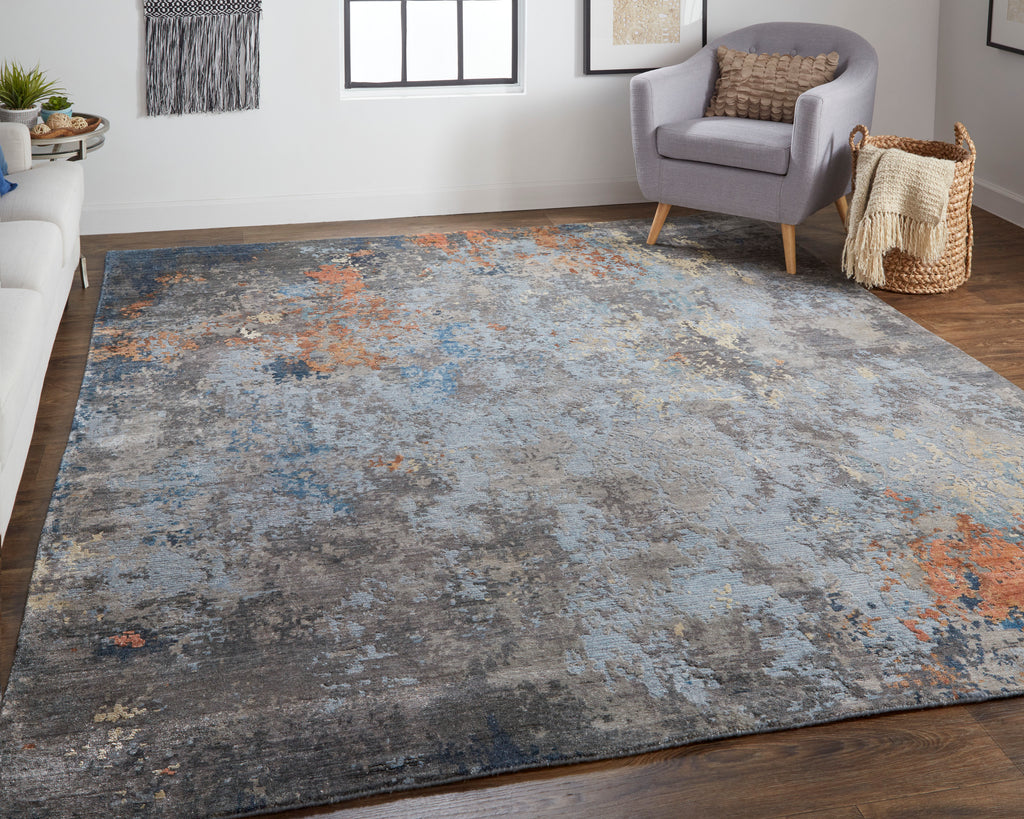 Gia Modern Abstract Blue Taupe Orange Area Rug (11'6" x 15')