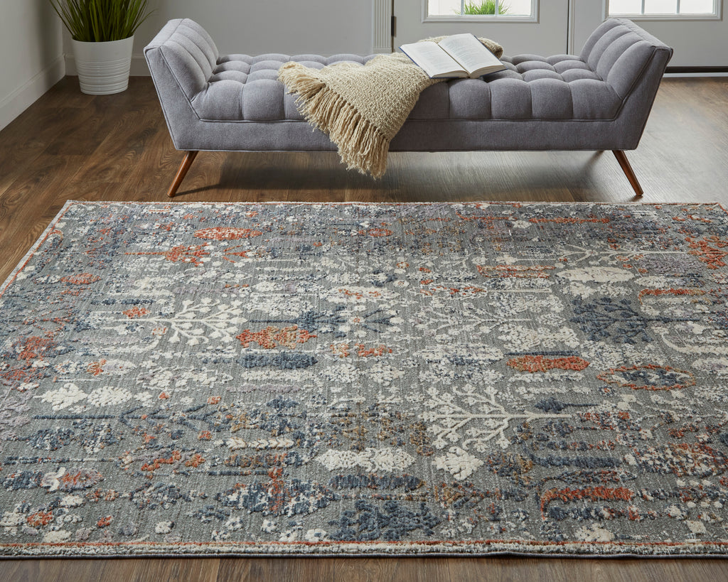 Thackery Transitional Floral Botanical Gray Ivory Orange Area Rug (2'7" x 7'10")