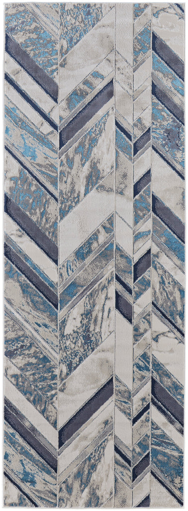 Indio Modern Herringbone Ivory Blue Gray Area Rug (2'10" x 7'10")