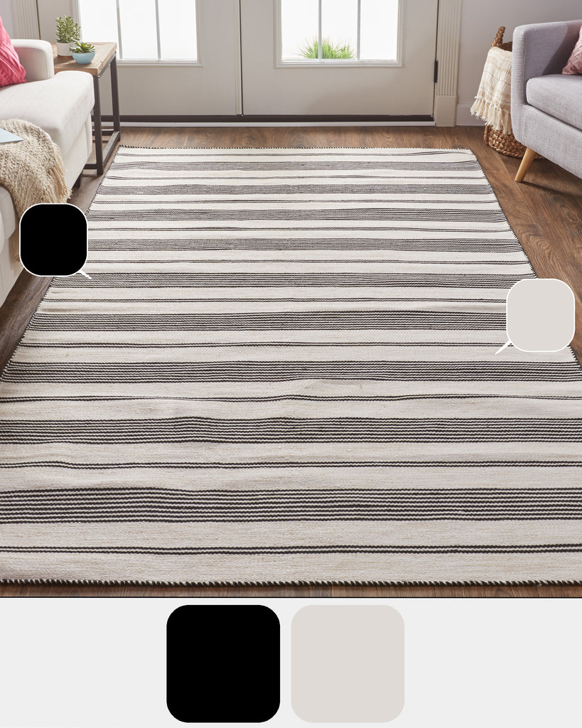 Duprine Transitional Stripes Black White Ivory Area Rug (5' x 8')