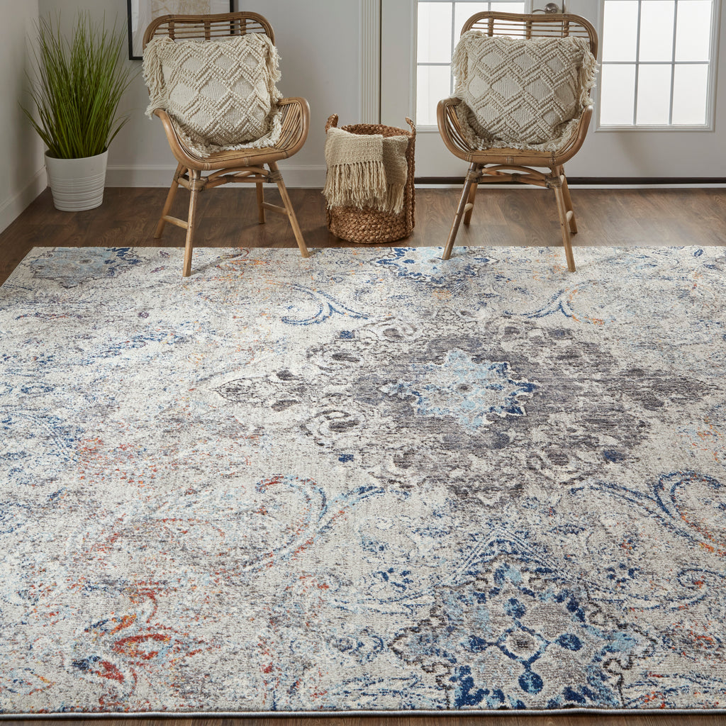 Bellini Transitional Damask Ivory Taupe Blue Area Rug (7'10" x 10'10")