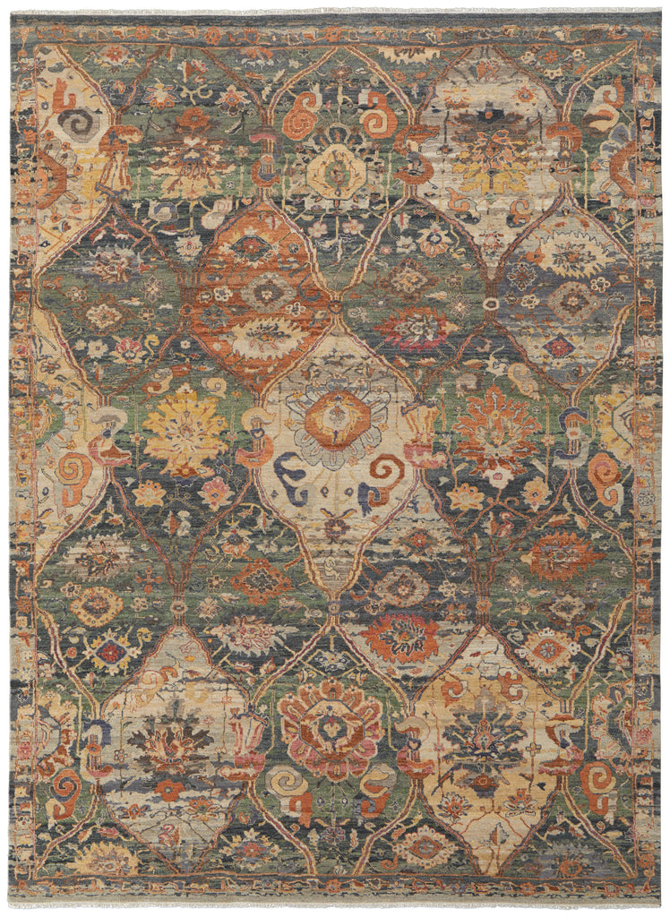 Rapsody Transitional Moroccan Green Red Gold Area Rug (7'9" x 9'9")