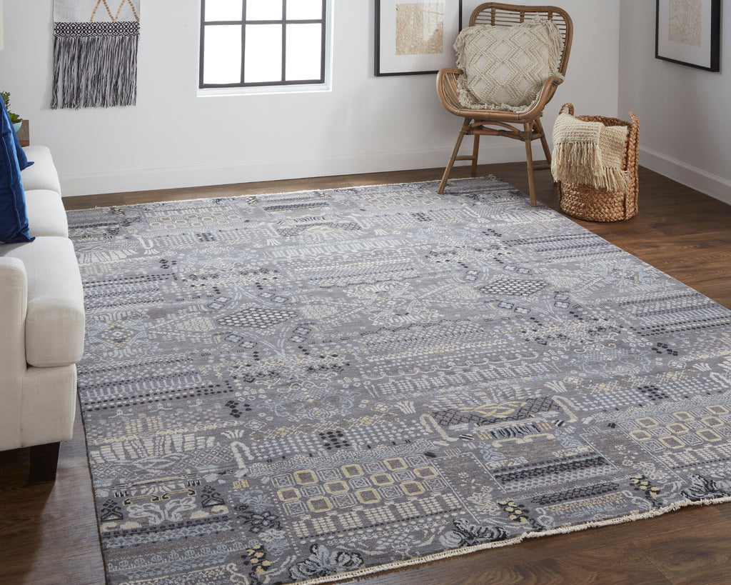 Harmon Transitional Geometric Gray Blue Yellow Area Rug (8'6" x 11'6")