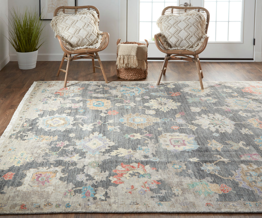 Noris Transitional Damask Black Tan Blue Area Rug (7'9" x 9'9")